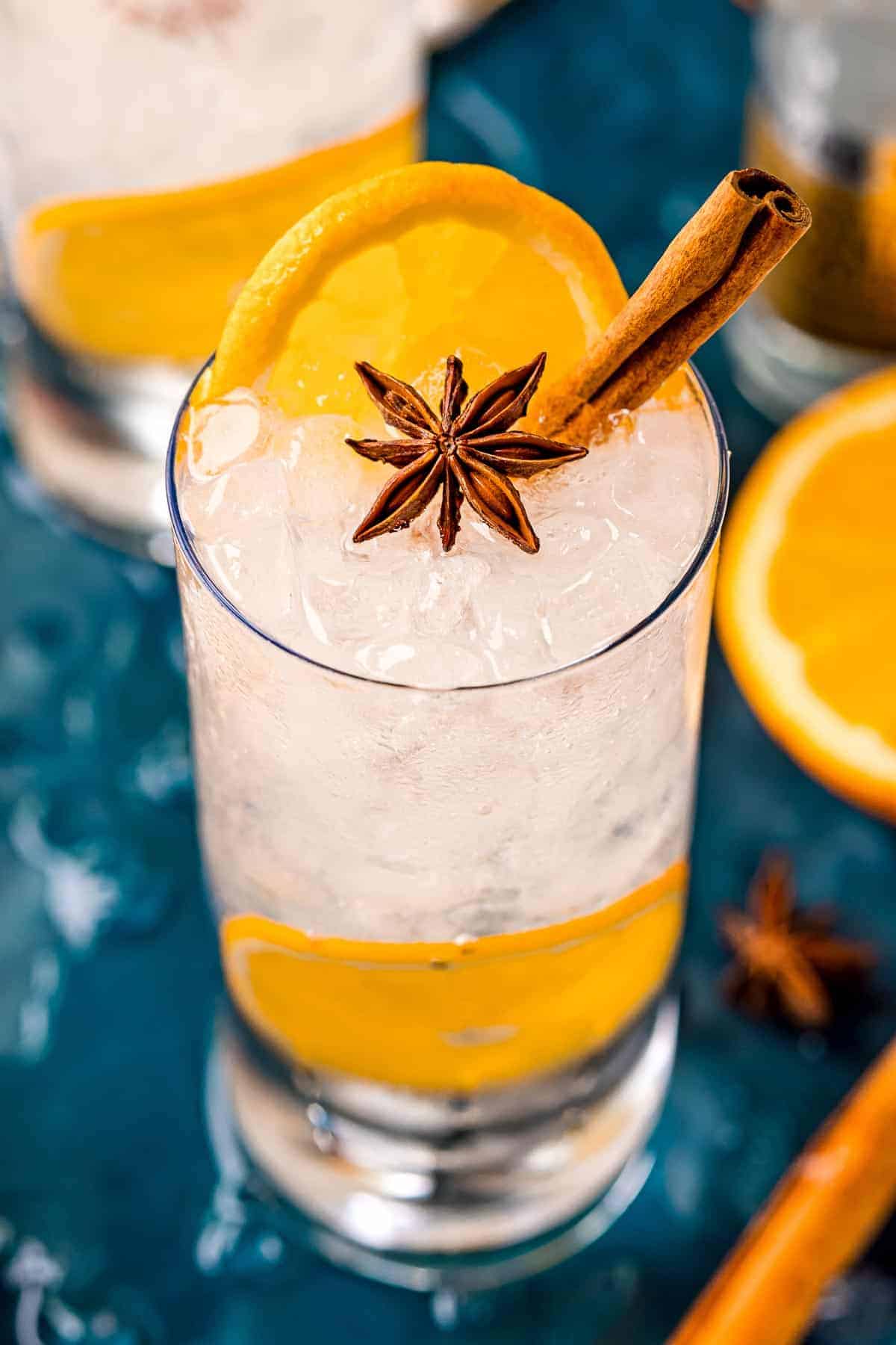 Orange gin and tonic in a highball glass garnished with orange, star anise, and cinnamon.