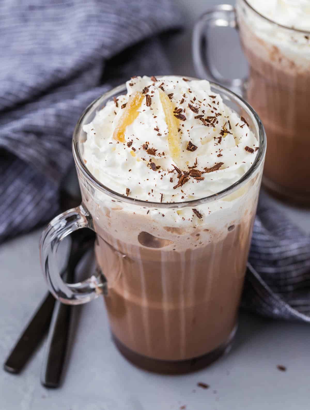 Ginger spiced hot chocolate in a mug with whipped cream and garnishes.