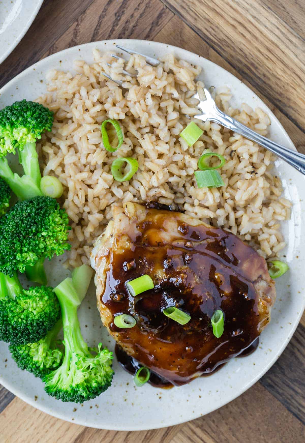 Overhead view of a chicken thigh on a plate with rice and broccoli. Everything is garnished with green onions.