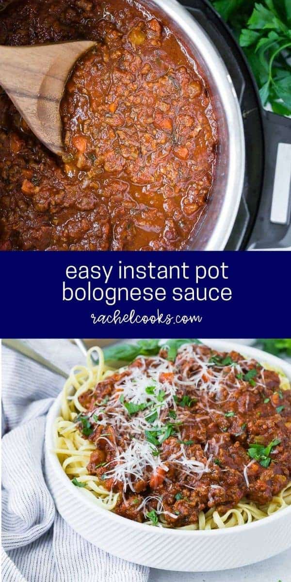 Two images with an overlay that reads "easy instant pot bolognese sauce, rachelcooks.com"