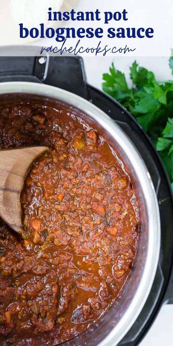 Overhead view of bolognese in an instant pot pressure cooker.
