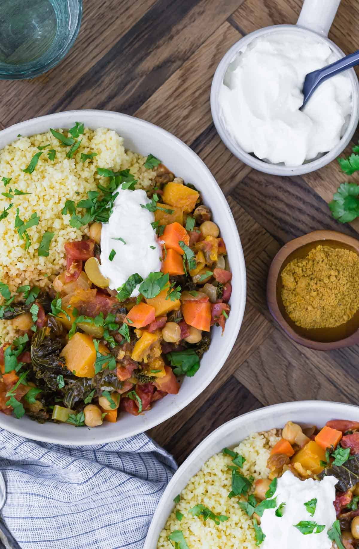 Overhead view of squash stew with chickpeas and moroccan spices.