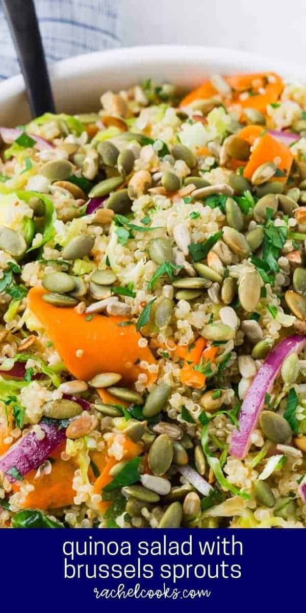 Colorful salad in a white bowl, text overlay reads "vegan quinoa salad with brussels sprouts"