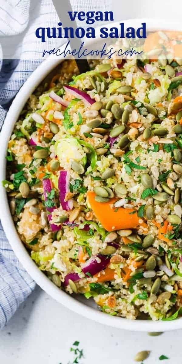 Salad with quinoa and brussels sprouts, with a text overlay with recipe title.
