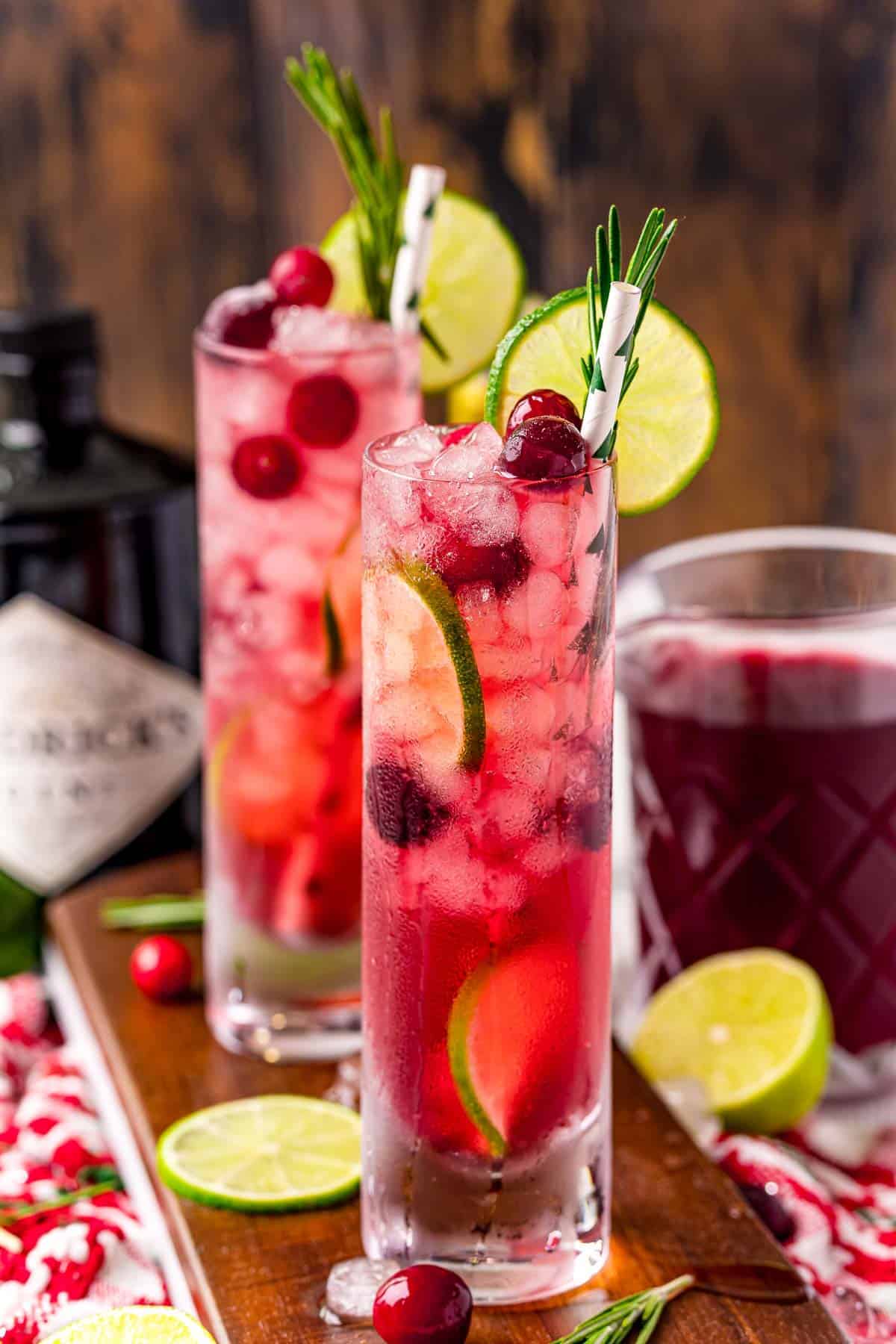 Two beautiful red cocktails with festive holiday garnishes.