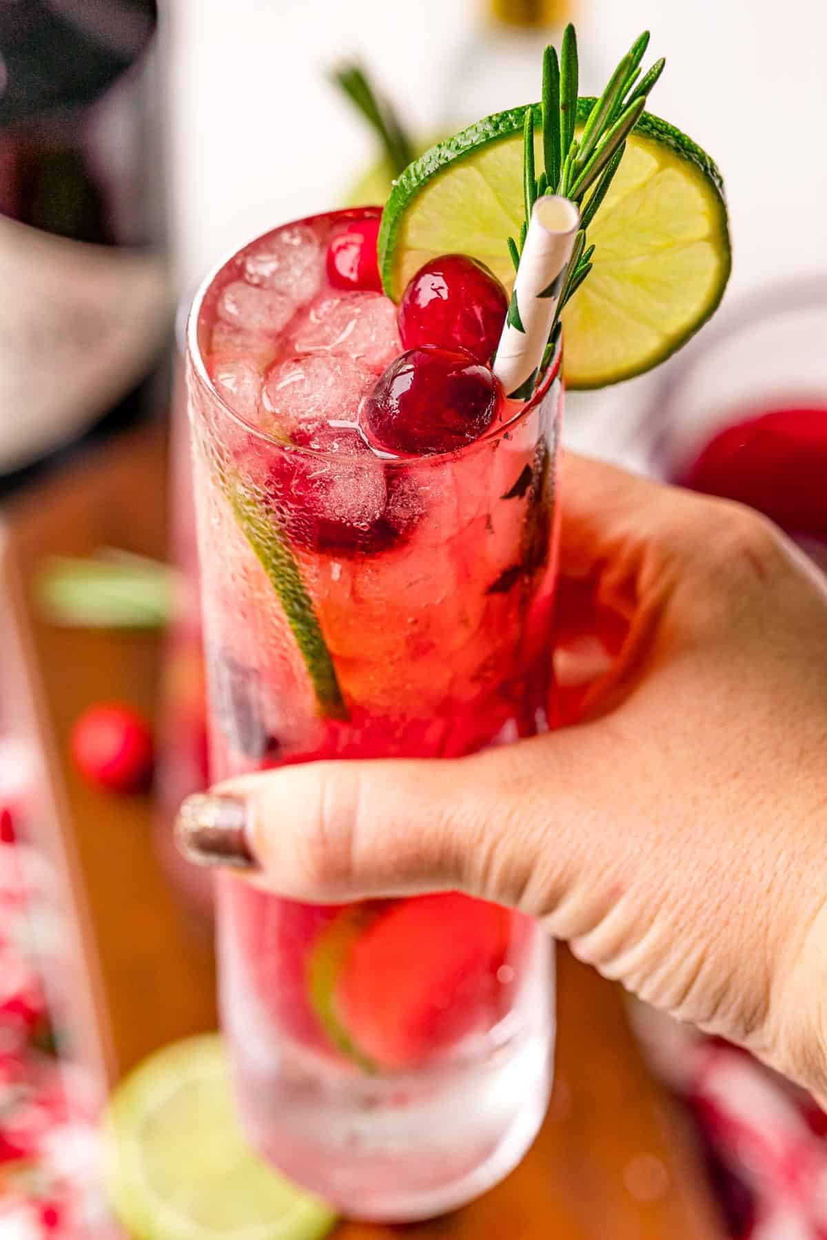 A hand holding a gin and tonic made with cranberries.