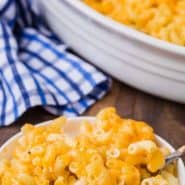 Baked old fashioned mac and cheese with text overlay with recipe title.