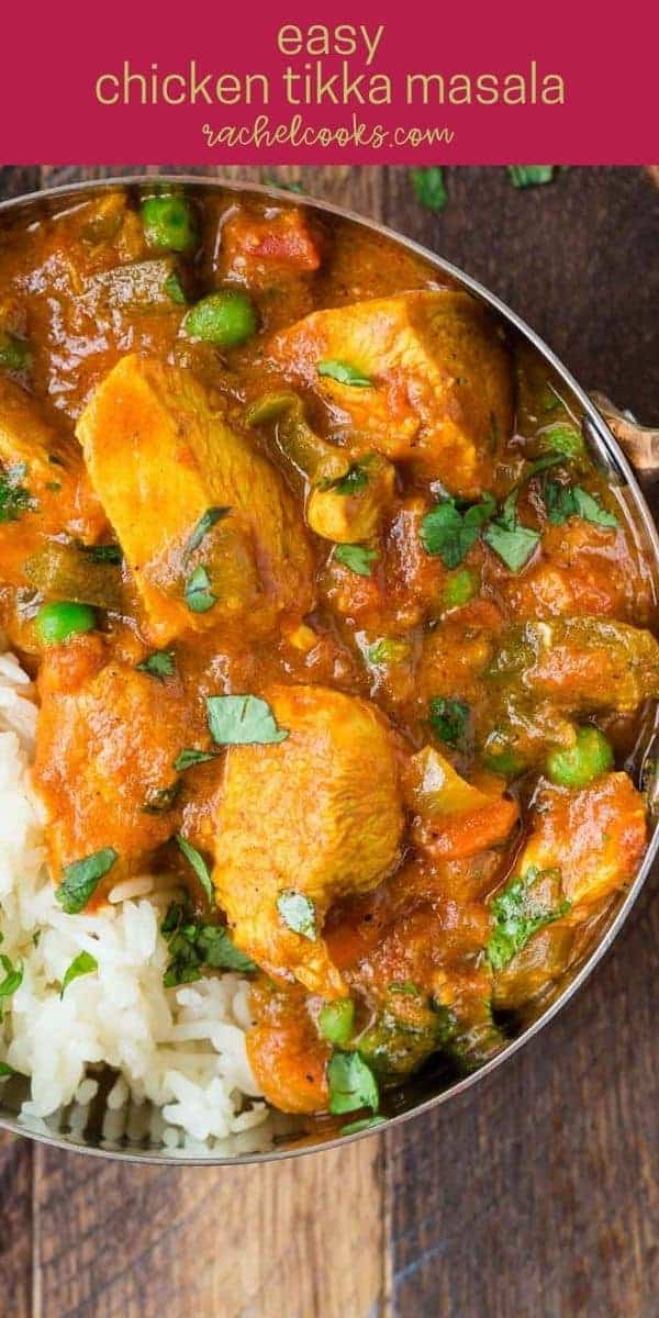 Colorful chicken dish with rice, text overlay reads "easy chicken tikka masala, rachelcooks.com"