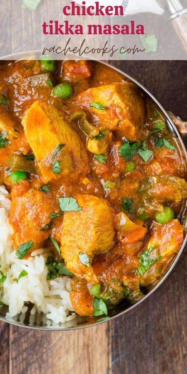 Colorful chicken dish with rice, text overlay reads "easy chicken tikka masala, rachelcooks.com"