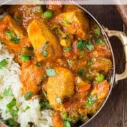 Colorful chicken dish with rice, text overlay reads "easy chicken tikka masala, rachelcooks.com"