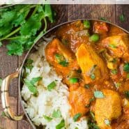 Colorful chicken dish with rice, text overlay reads "easy chicken tikka masala, rachelcooks.com"