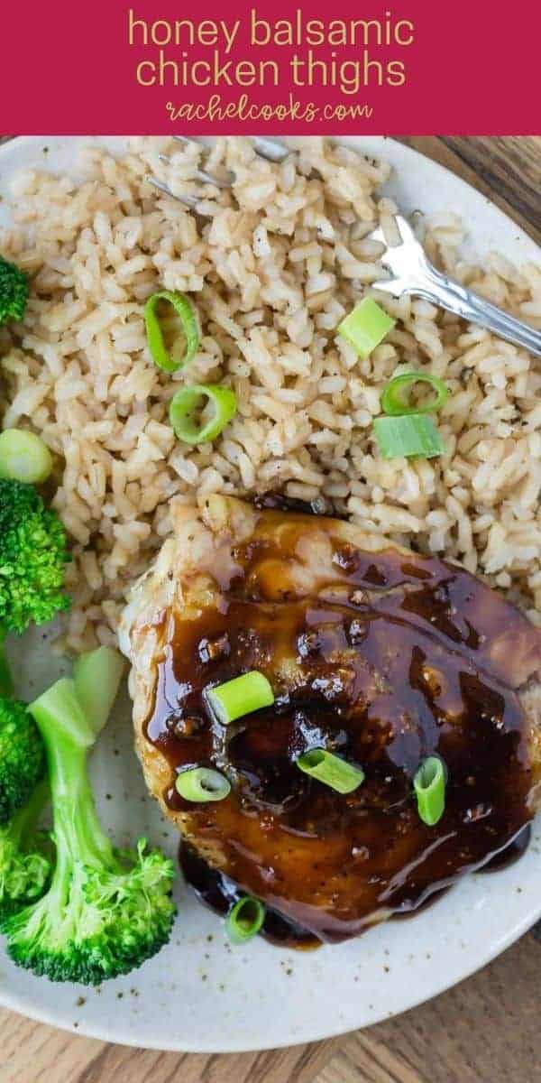 Chicken thighs with rice and broccoli and a text overlay with recipe title.