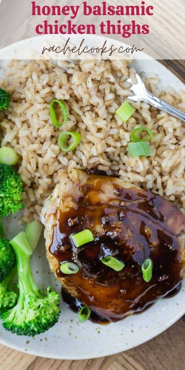 Chicken thighs with rice and broccoli and a text overlay with recipe title.