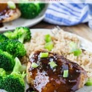 Chicken thighs with rice and broccoli and a text overlay with recipe title.