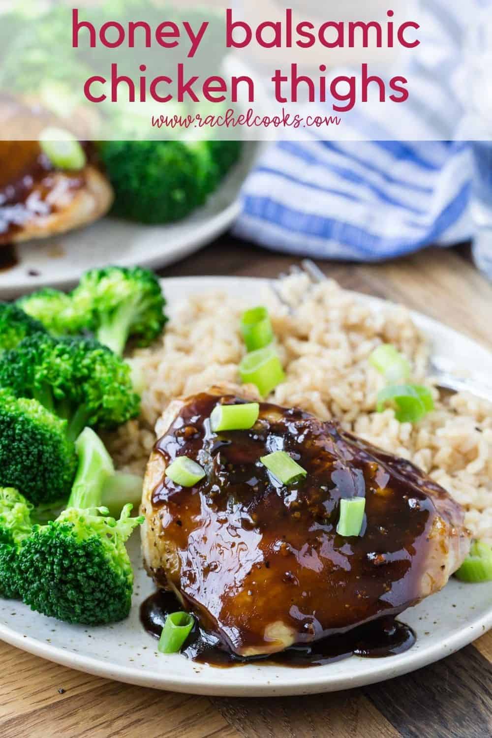 Chicken thighs with rice and broccoli and a text overlay with recipe title.