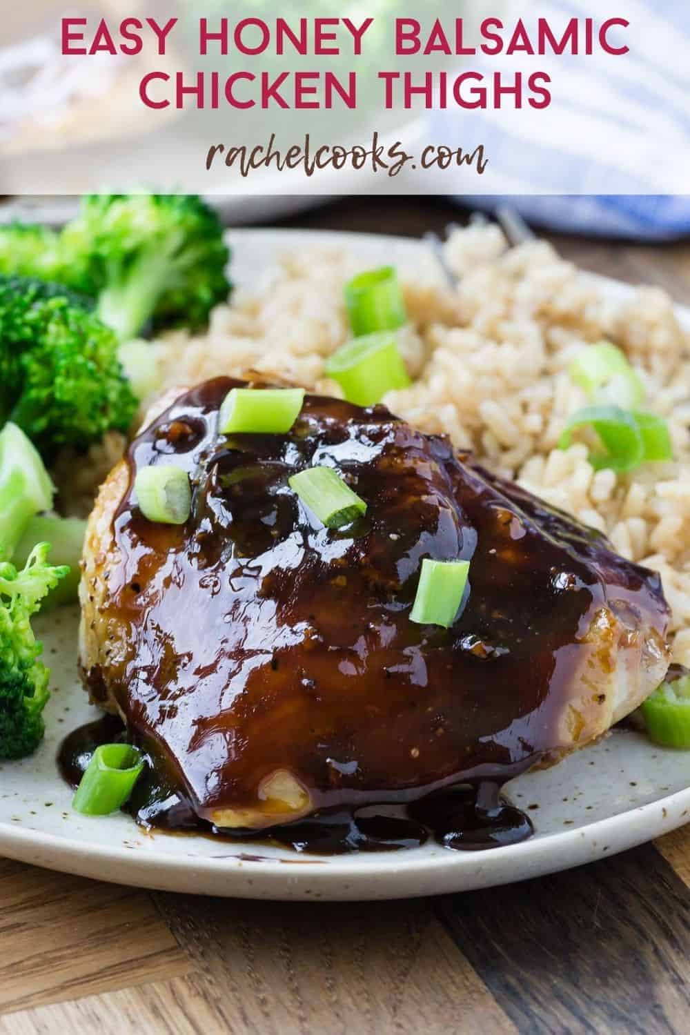 Chicken thighs with rice and broccoli and a text overlay with recipe title.