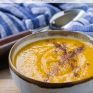 Bowl of soup with text overlay that reads "easy kabocha squash soup, rachelcooks.com"
