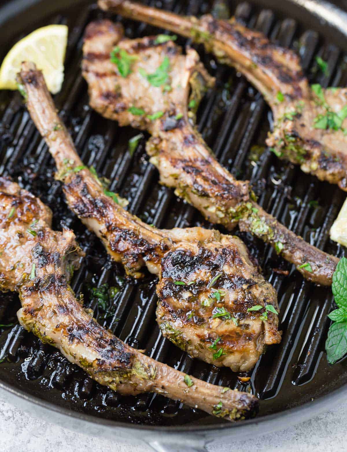 Lamb chops on a grill pan.