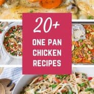 Collage of images with a text overlay that says "20+ one pan chicken recipes"