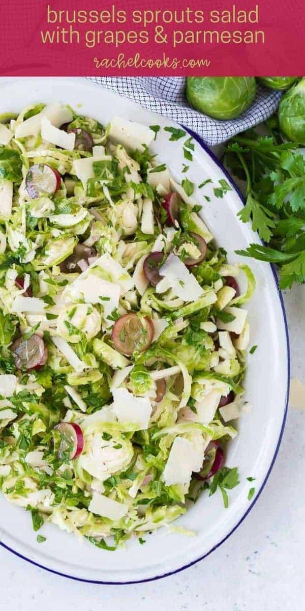 Brussels sprouts salad with text overlay of the recipe name.