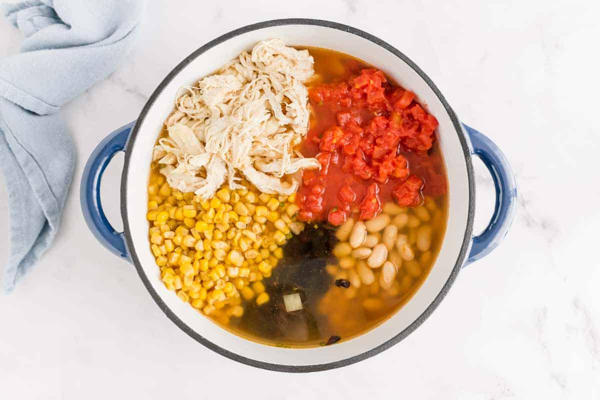 Overhead view of white chili not yet mixed together in a large blue and white pot.