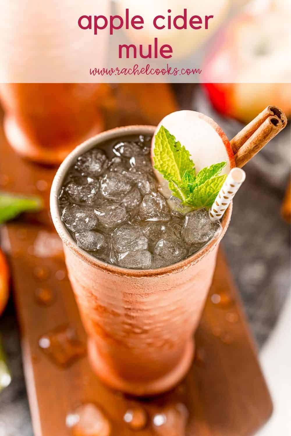 Apple cider moscow mule in a copper cup.