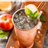 A mule cocktail with a text overlay that reads "easy apple cider moscow mule, rachelcooks.com"