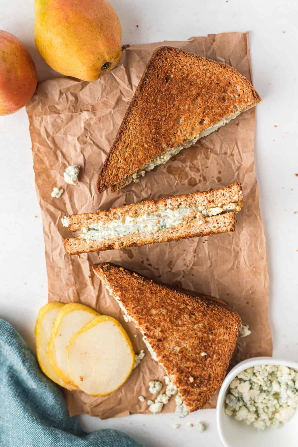 Grilled cheese made with blue cheese and pear slices.