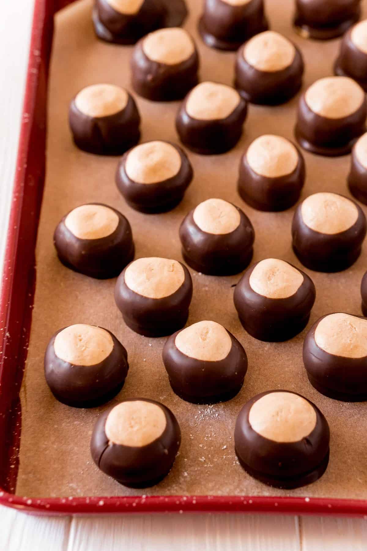 Buckeyes on a cookie sheet.