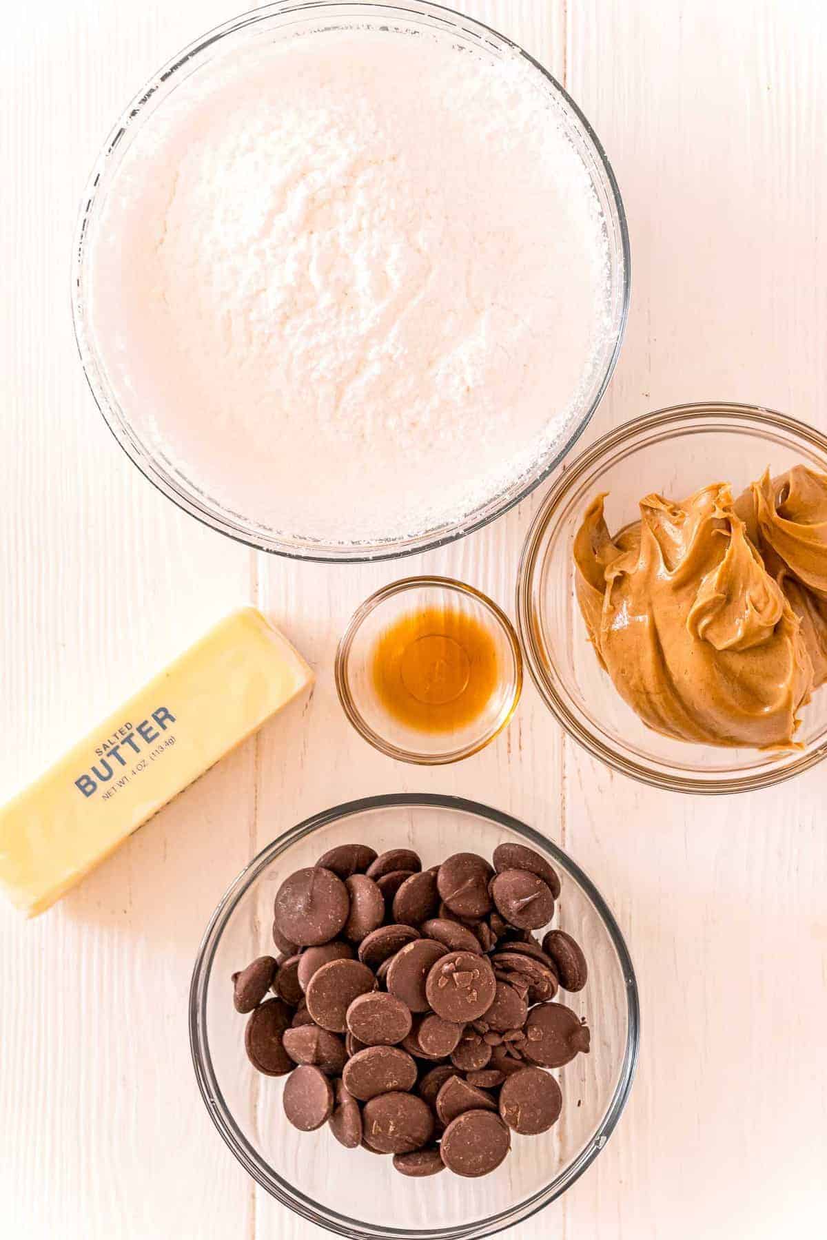 Ingredients needed to make buckeye candy, overhead view.