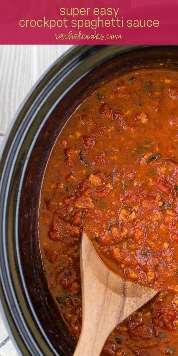 Crockpot full of spaghetti sauce, text overlay reads "the best crockpot spaghetti sauce"