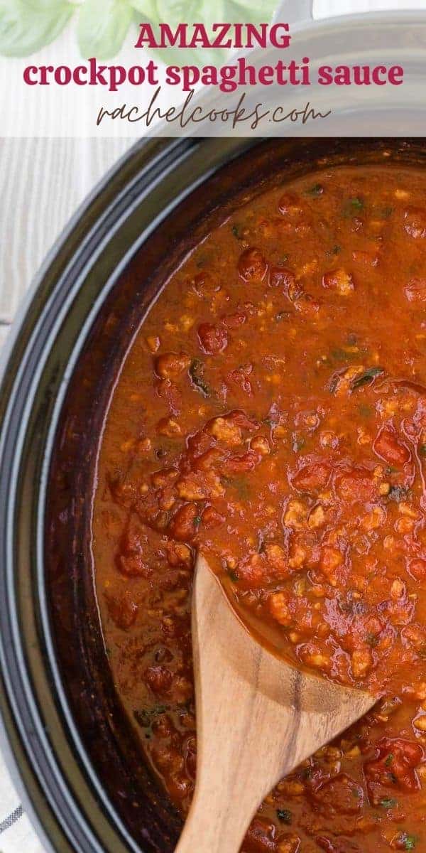 Crockpot full of spaghetti sauce, text overlay reads "the best slow cooker spaghetti sauce"