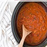 Crockpot full of spaghetti sauce, text overlay reads "the best crockpot spaghetti sauce"