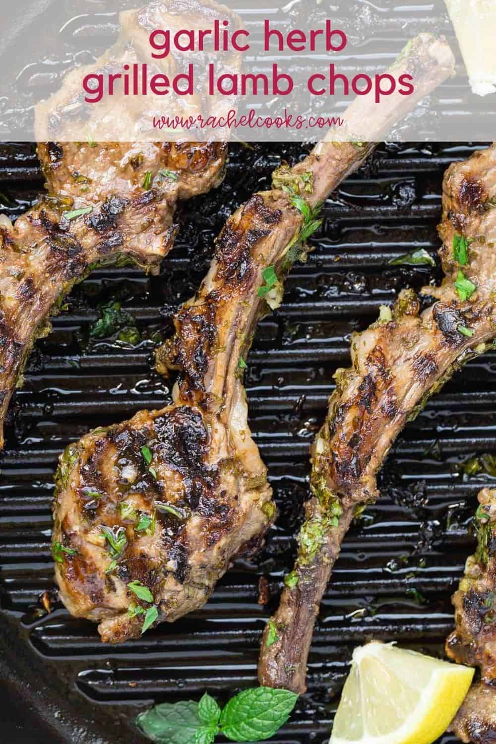 Overhead view of lamb on a grill pan. Text overlay reads "garlic herb grilled lamb chops, rachelcooks.com"
