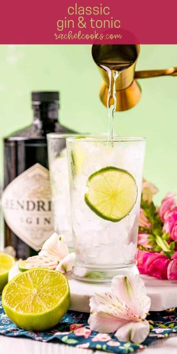 A gin and tonic being made. Text overlay present with recipe name.