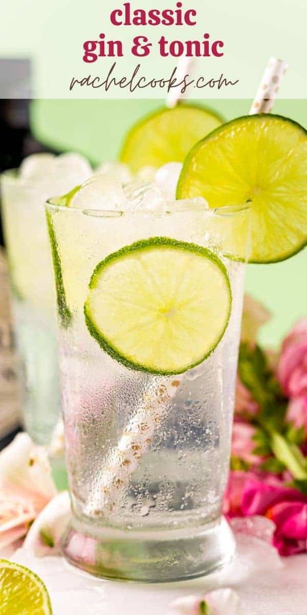 A clear drink with lime slices and a straw. Text overlay reads "classic gin & tonic"