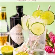 Drinks on a green background, text overlay reads "classic gin and tonic recipe, rachelcooks.com"