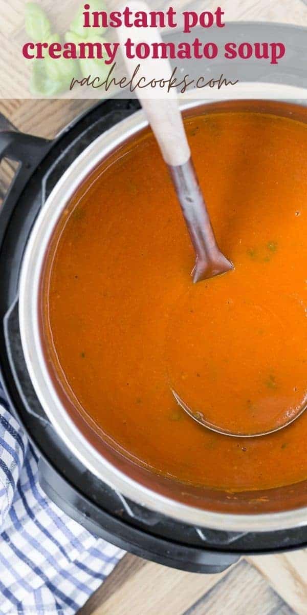 Tomato soup in an instant pot with a ladle.