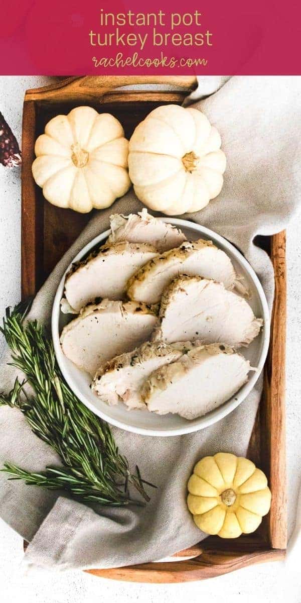 Sliced turkey, with a text overlay that reads "instant pot turkey breast - from frozen!"