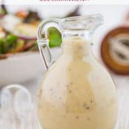 Salad dressing in a jar, text overlay reads "creamy maple dressing with black pepper."