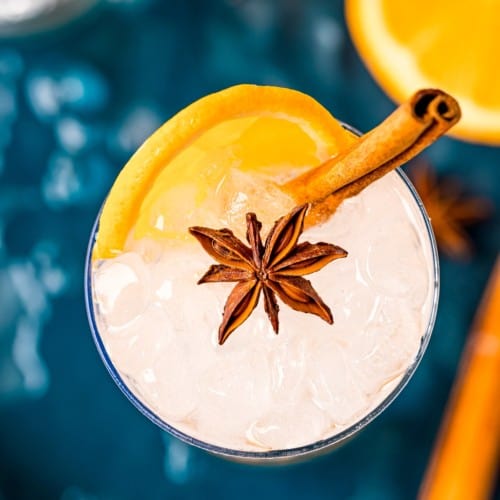 Overhead view of gin cocktail with an orange slice, cinnamon stick and star anise.