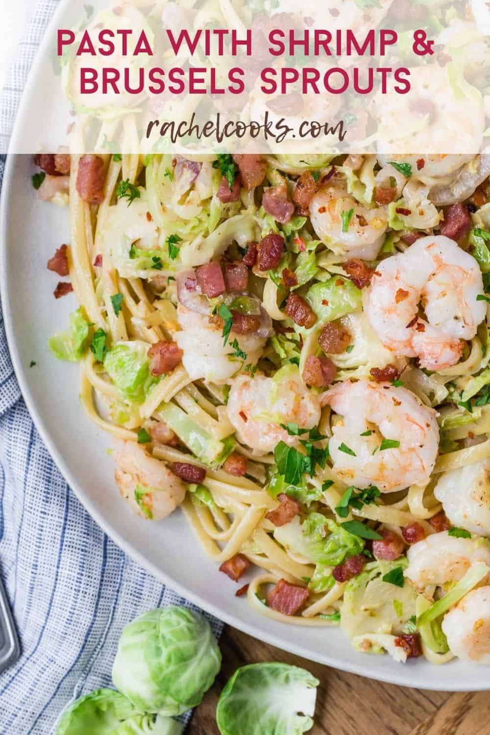 Overhead view of a plate of pasta, text overlay reads "pasta with shrimp and brussels sprouts"