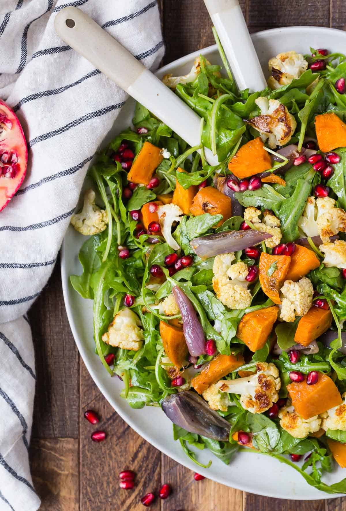 Fall salad with roasted cauliflower and pomegranate arils.