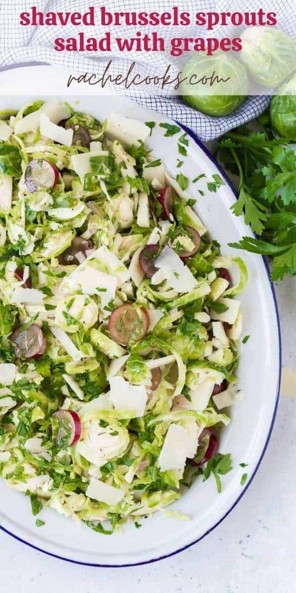 Brussels sprouts salad with text overlay of the recipe name.