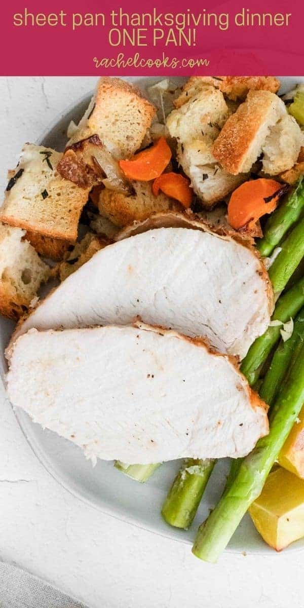 Plated turkey dinner, text overlay reads "sheet pan thanksgiving dinner"