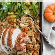 Sheet pan with turkey, stuffing and more. Text overlay reads "Sheet Pan Thanksgiving, full meal, one pan, rachelcooks.com"