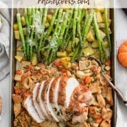 Sheet pan with turkey, stuffing and more. Text overlay reads "Sheet Pan Thanksgiving, full meal, one pan, rachelcooks.com"