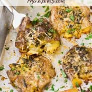 Potatoes on a sheet pan, text overlay reads "smashed potatoes with garlic butter"