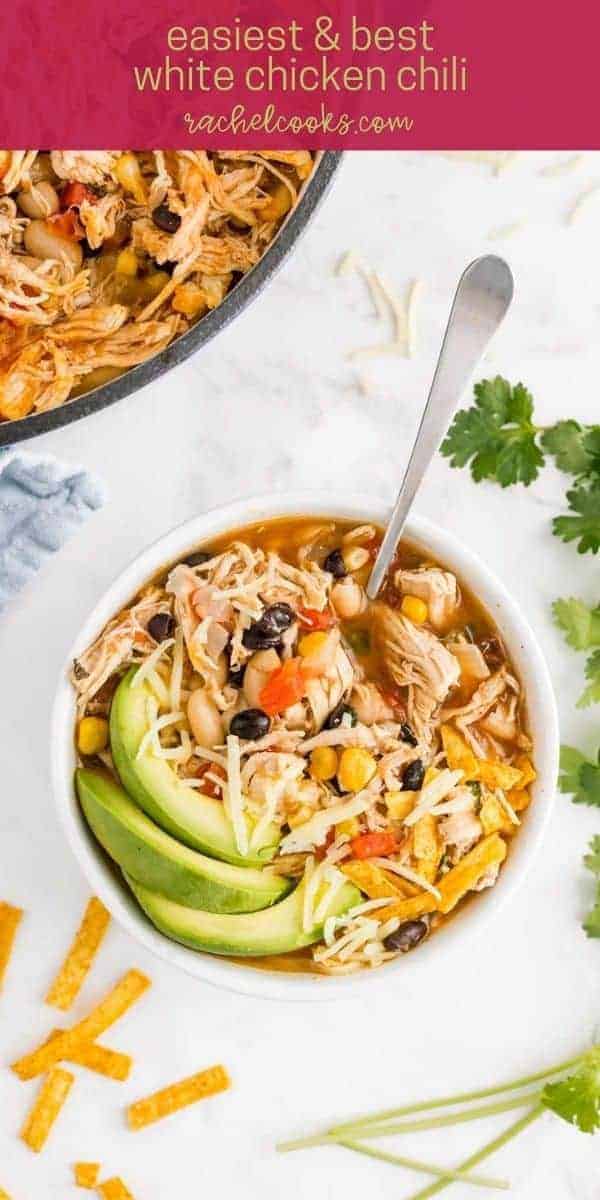 Overhead view of chicken chili, with text overlay.