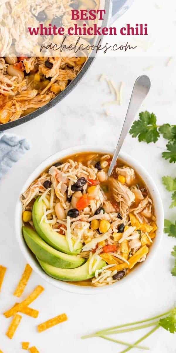 Overhead view of chicken chili, with text overlay.